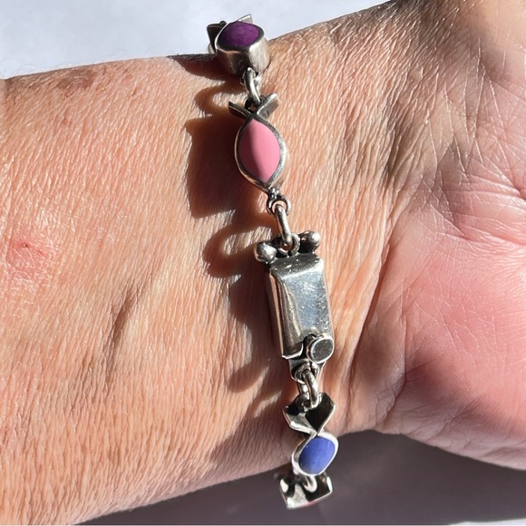 Colorful Vintage Taxco Gemstone 925 Silver Fish-shaped Bezel set Chain Bracelet - Picture 10 of 11